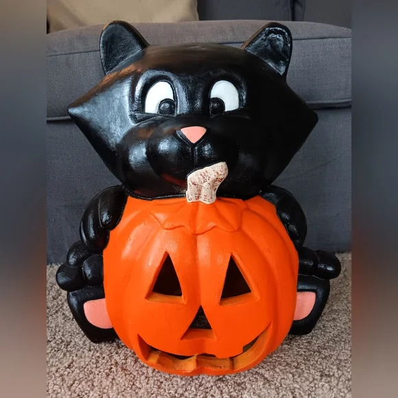 Vintage Halloween Black Cat & Pumpkin Foam Blow Mold Decoration - Picture 1 of 4